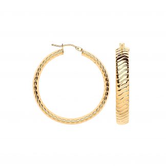 9ct Yellow Gold 36mm Wavy Ribbed Hoops Earrings