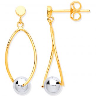 9ct Yellow Gold Thin Wire Drop With White gold Ball Earrings