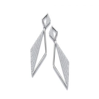 Long Triangle Pave' Cubic Zirconia Drop Silver Earrings