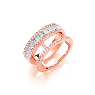Princess Cut and Round Pave Cubic Zirconia Rose Gold Plated 925 Sterling Silver Ring