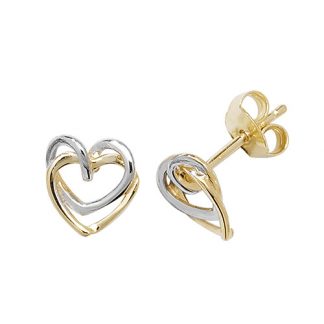 9ct Yellow/White Gold Interlocking Heart Stud Earring