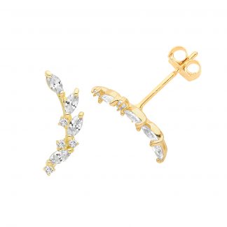 9ct Yellow Gold Cubic Zirconia Climber Stud Leaf Earrings