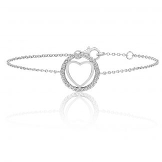 Sterling Silver 925 Plain Heart Within Round Halo Cubic Zirconia Bracelet