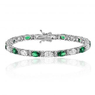 Sterling Silver 925 6X4 Oval Emerald & Cubic Zirconia Claw Set Bracelet