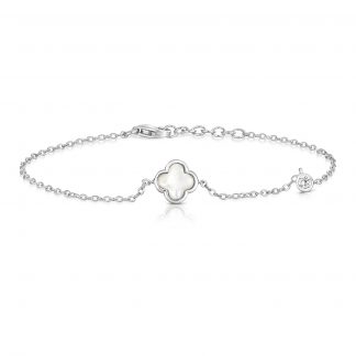 Sterling Silver 925 Mother Of Pearl Clover Shape&Round Cubic Zirconia Bracelet